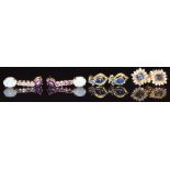 Three pairs of 9ct gold earrings, one set with sapphires, one mystic topaz and the other amethyst