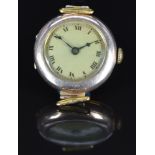 Unnamed 9ct gold wristwatch with blued hands, black Roman numerals, silver dial and unsigned