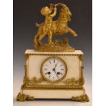 French 19thC mantel clock, the white onyx case with gilt furnishings surmounted by Bacchanalian