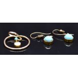 Edwardian 9ct rose gold pendant set with split pearl and turquoise and a pair of Edwardian earrings