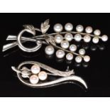 Two silver Mikimoto brooches set with cultured pearls, both marked Mikimoto Tokyo