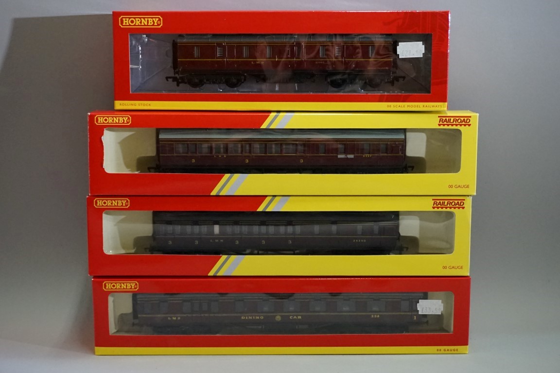 Four 'OO' gauge LMS coaches, each in possibly associated box. (4)