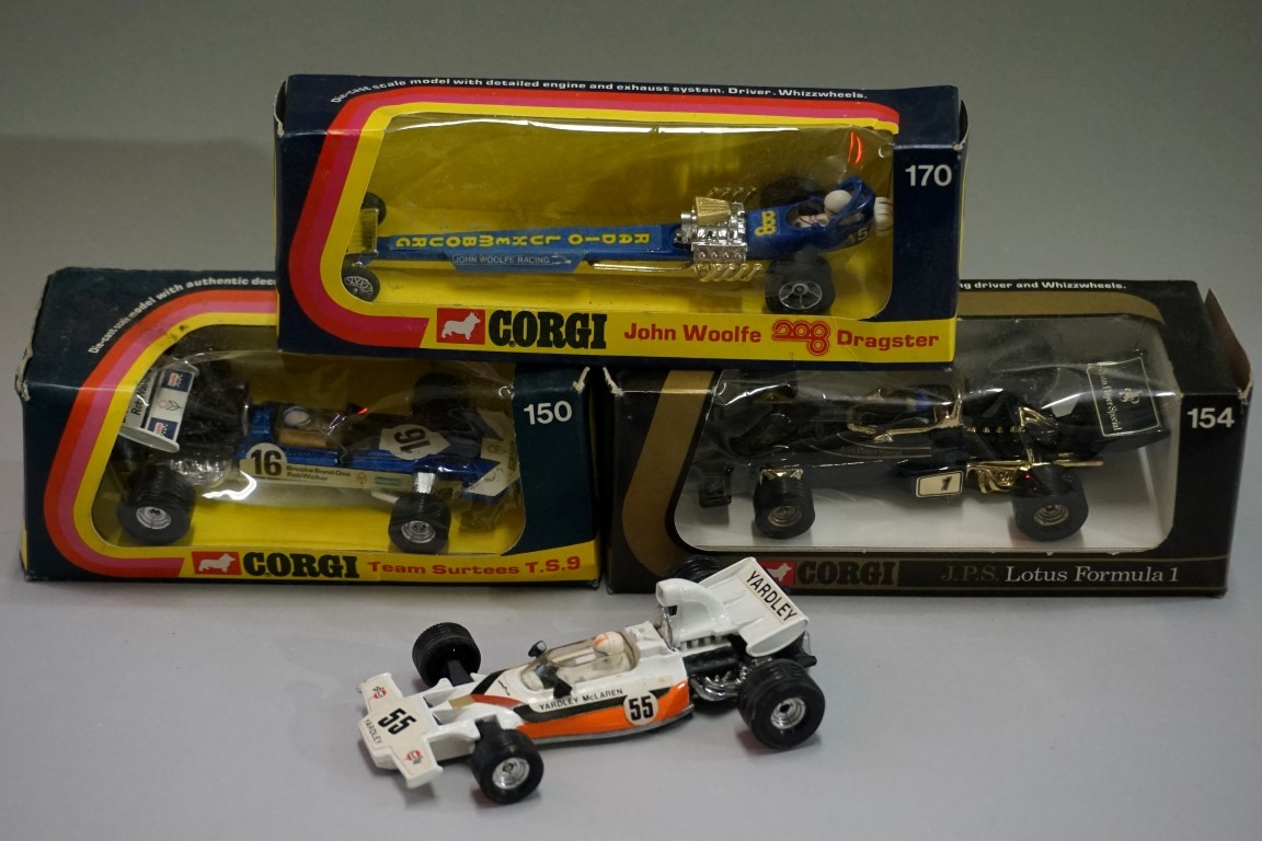 Four Corgi diecast racing cars, comprising: 170 'John Woolfe Dragster', boxed; 154 'JPS Lotus