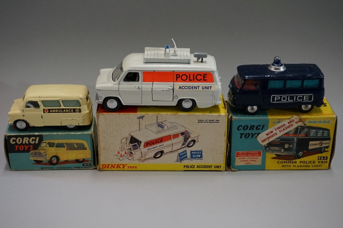 Three diecast 'Emergency Services' vehicles, comprising: Dinky 287 'Police Accident Unit'; Corgi 464