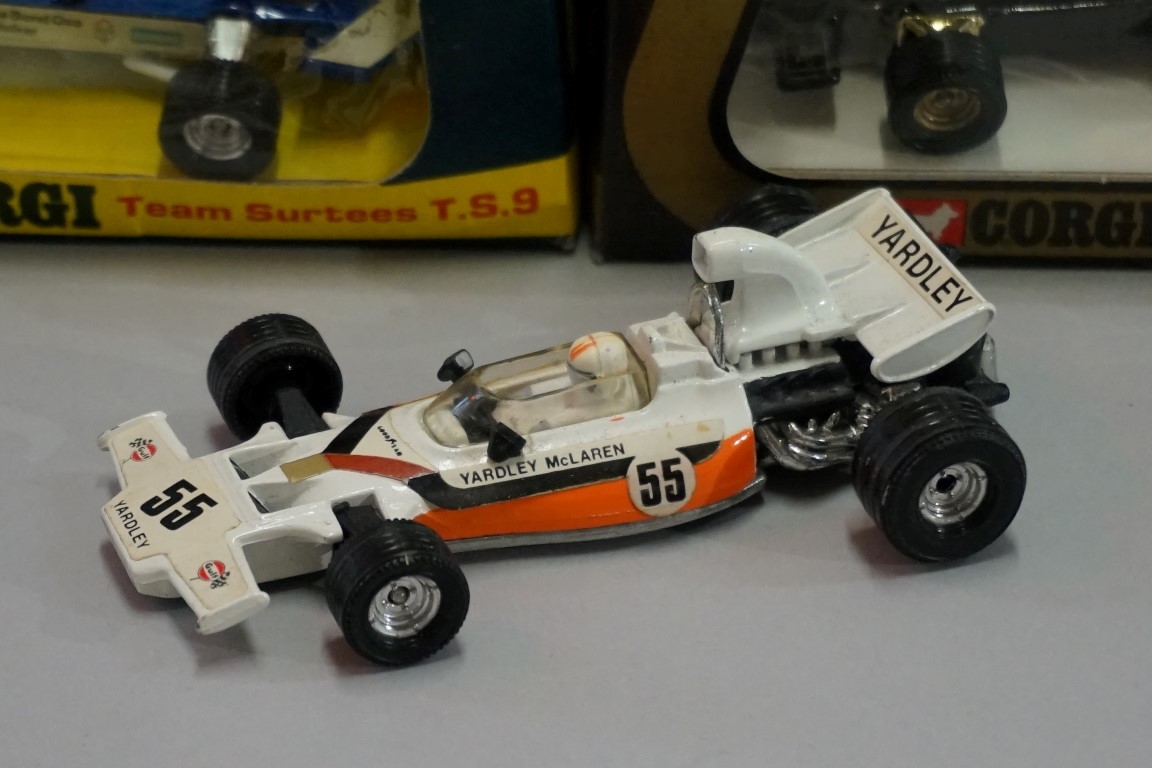 Four Corgi diecast racing cars, comprising: 170 'John Woolfe Dragster', boxed; 154 'JPS Lotus - Image 2 of 9