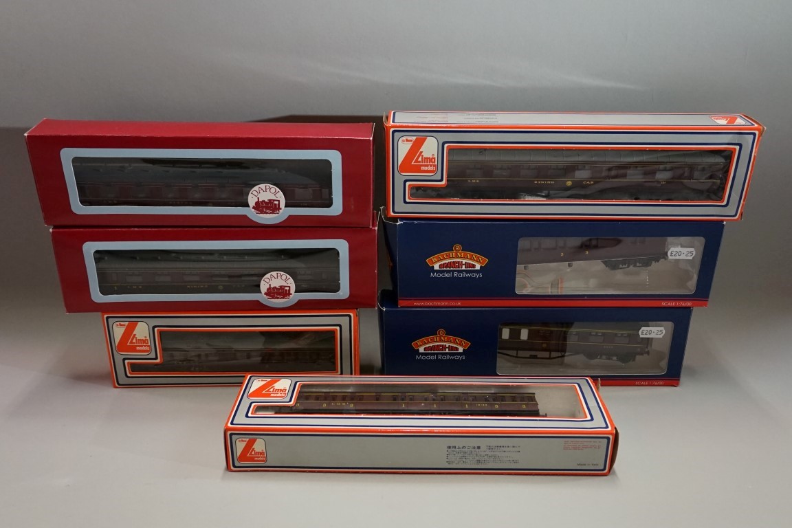 Seven various 'OO' gauge LMS coaches, each in box.