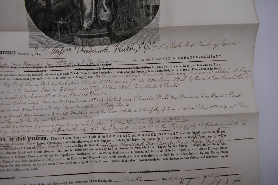 FLAX WAREHOUSE AT RIGA, INSURANCE DOCUMENT: Phoenix Assurance Company, 7th May 1825, to Messrs - Image 3 of 5