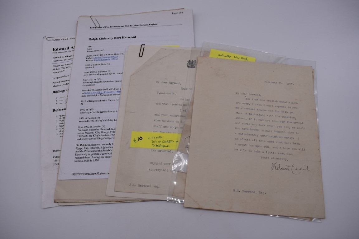 HARWOOD (Sir Ralph Endersby, 1883-1952): a small collection of typed and handwritten letters and