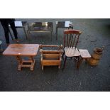 A small wooden table, milking stool, two magazine racks and a chair.Payment must be made in