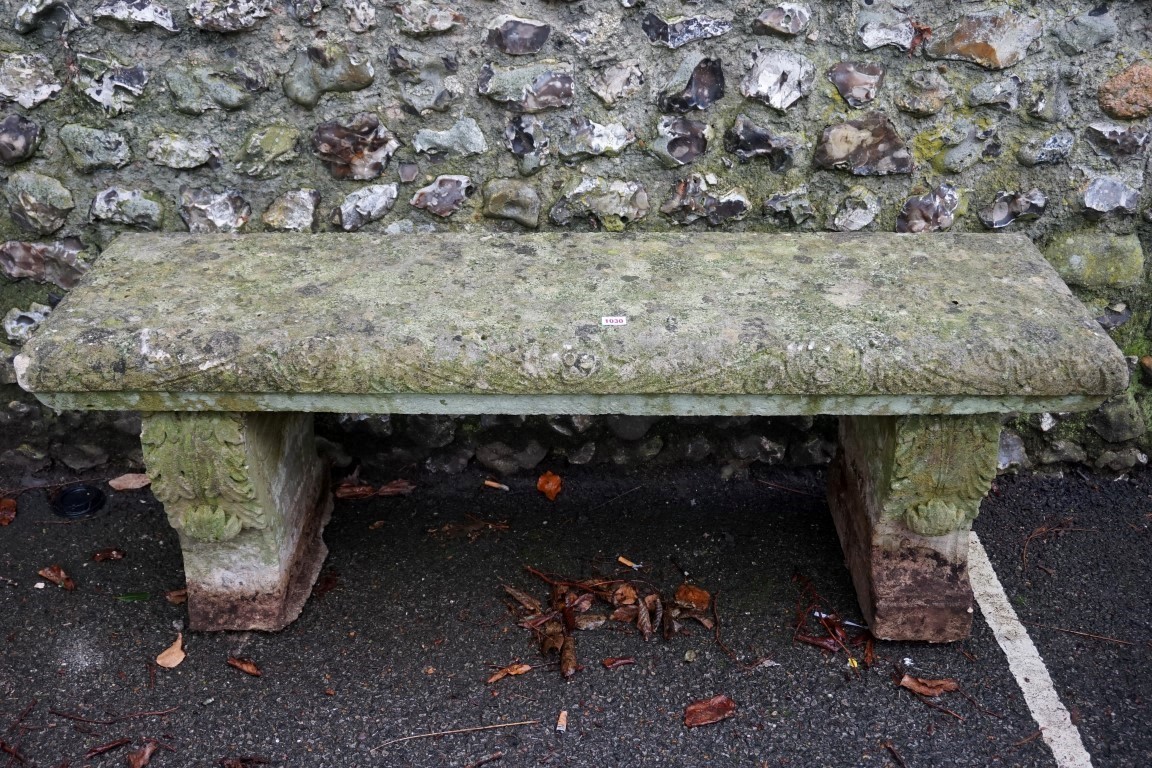 An old reconstituted stone bench, 140cm wide x 40cm deep x 54cm high.Payment must be made in advance