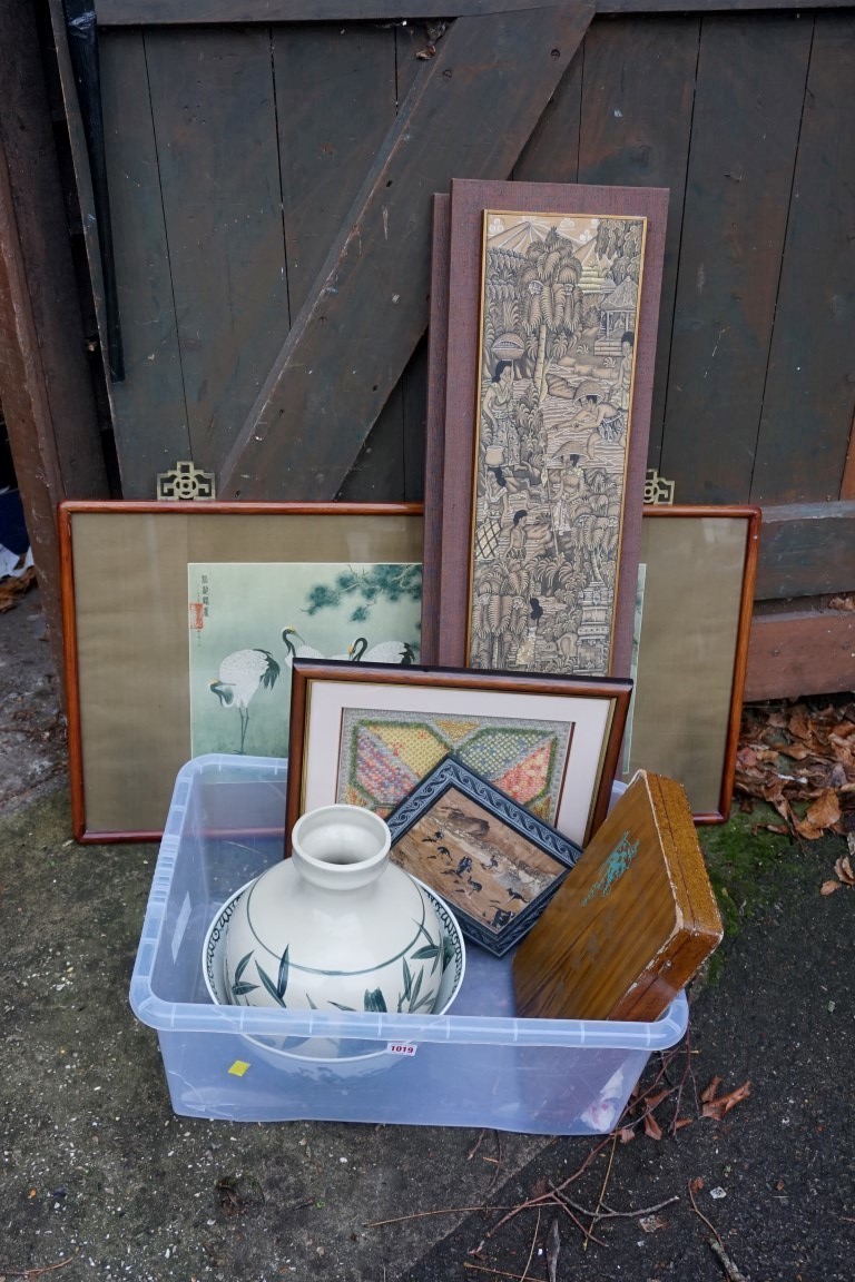 An oriental vase and bowl; together with a tapestry and three oriental prints.Payment must be made