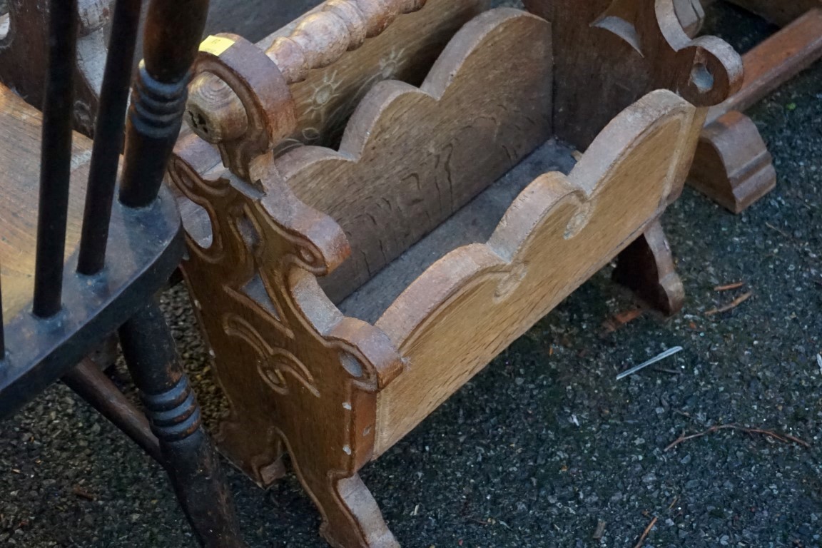 A small wooden table, milking stool, two magazine racks and a chair.Payment must be made in - Image 3 of 3