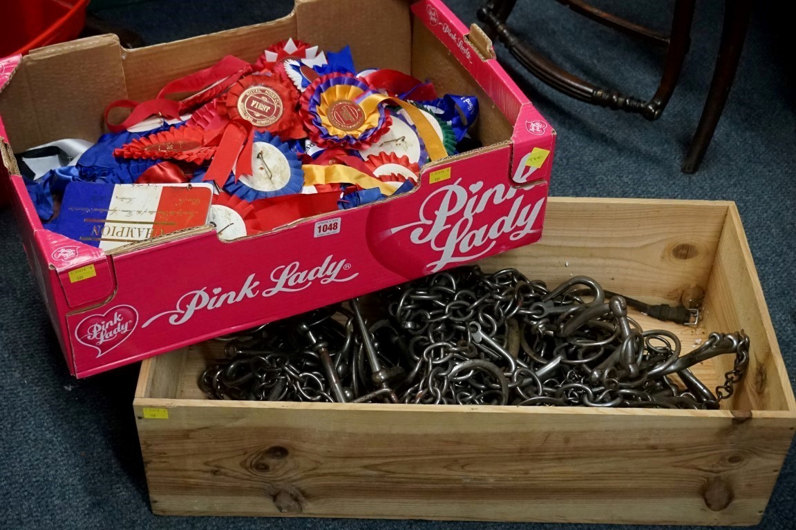 A quantity of horse racing rosettes; together with a quantity of horse stirrups, bits and other