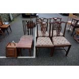 A set of four antique mahogany dining chairs; together with a cane seated chair, small table and a