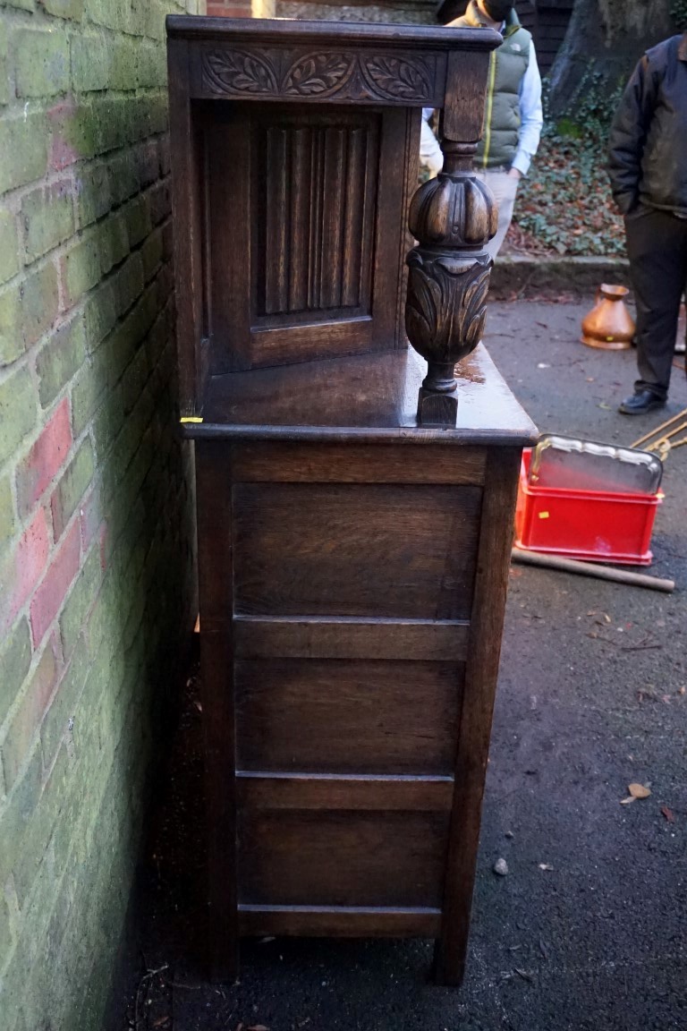 An old oak court cupboard, 122cm wide x 45cm deep x 143cm high.Payment must be made in advance of - Image 6 of 6