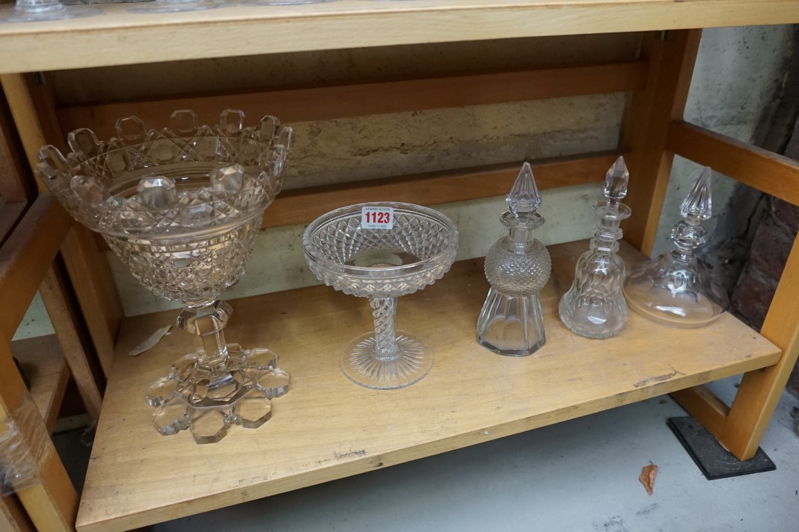 An antique cut glass pedestal vase, with petal foot, 24cm high; together with a Stuart cut glass