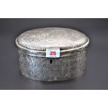A 19th century German 13 loth oval lidded box, stamped '13' and 'MR', decorated coaching scene to