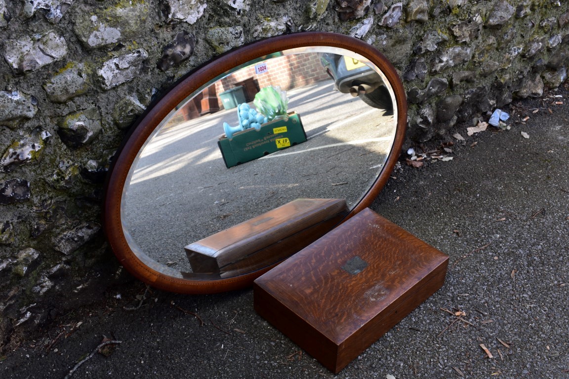 An oval inlaid mirror; together with an old cutlery box (lacking contents).Collection of this lot is