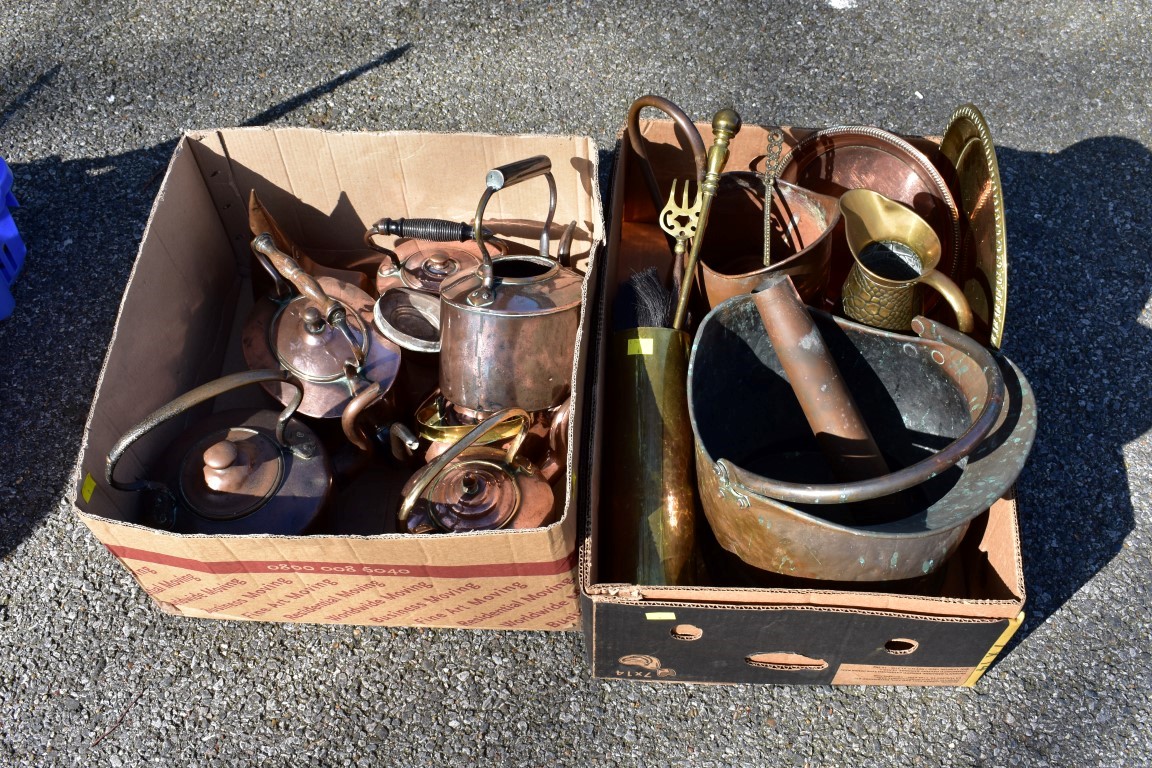 Two boxes of sundry metalware; to include; a quantity of copper kettles.Collection of this lot is