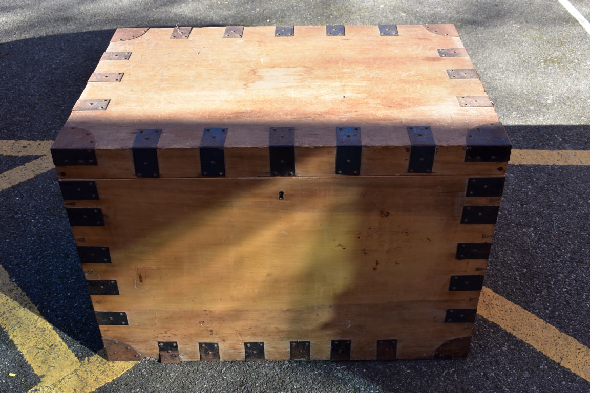 A large late 19th century pine and metal bound silver strong box, 65cm high x 93cm wide x 62cm