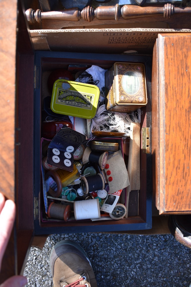 Two boxes of mixed wooden items; to include; a sewing box, candlesticks and a mirror.Collection of - Image 2 of 3