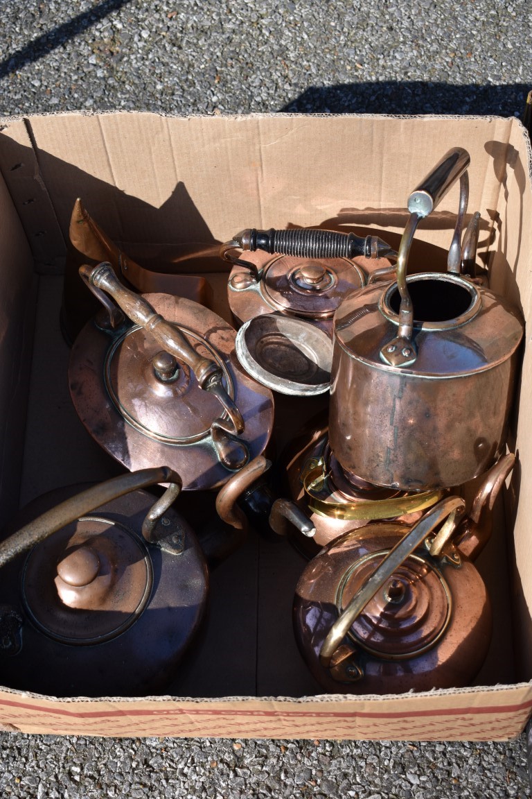 Two boxes of sundry metalware; to include; a quantity of copper kettles.Collection of this lot is - Image 3 of 4