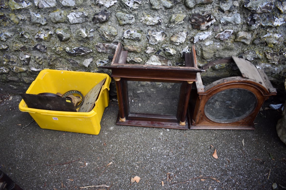 A quantity of clock parts; together with two old longcase clock hoods.Collection of this lot is