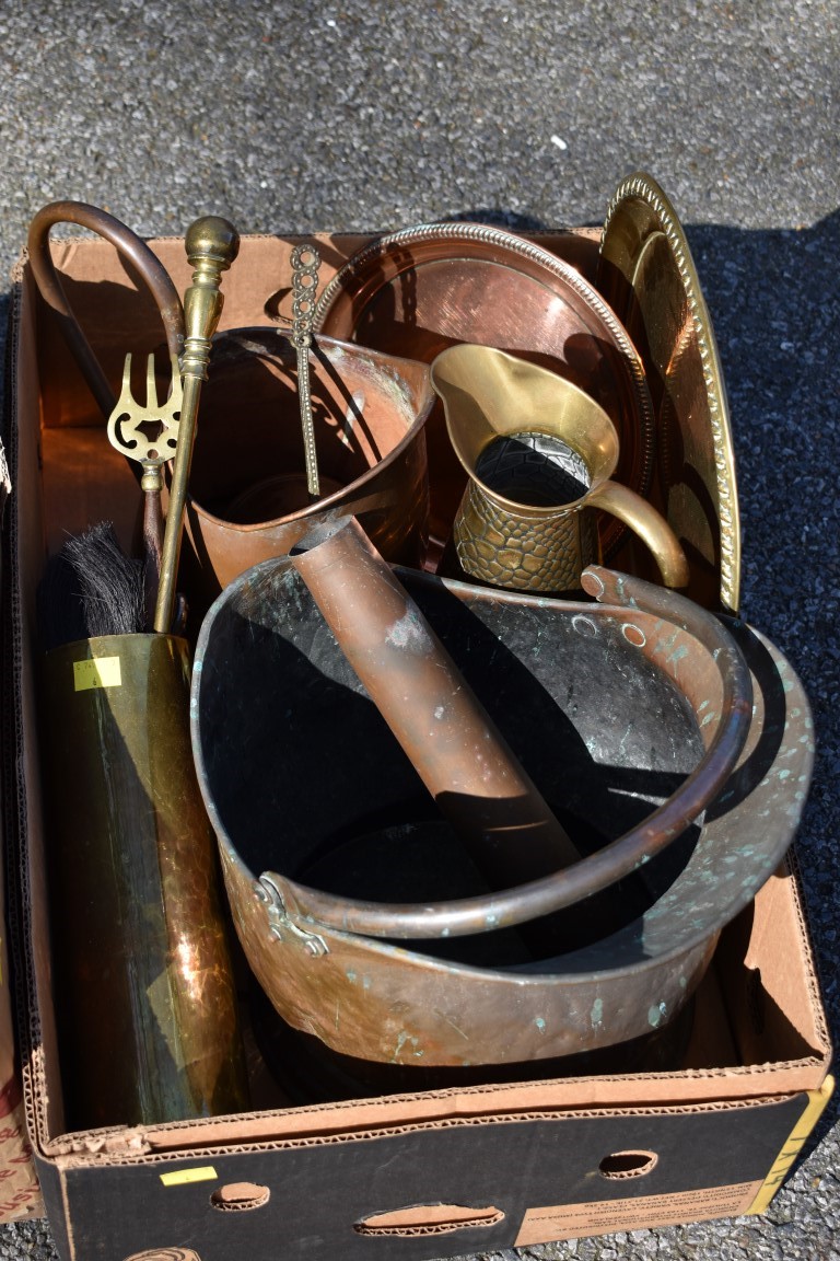 Two boxes of sundry metalware; to include; a quantity of copper kettles.Collection of this lot is - Image 2 of 4