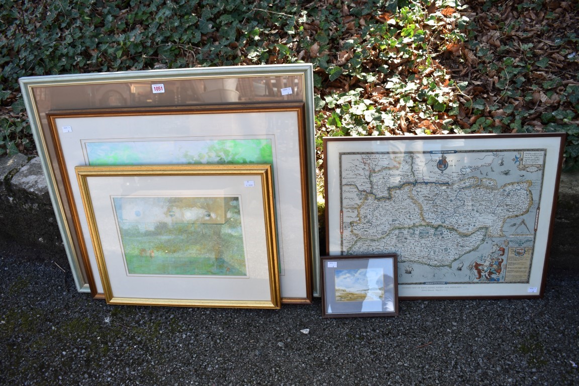 Three paintings signed 'R'; together with a map and one other picture.Collection of this lot is