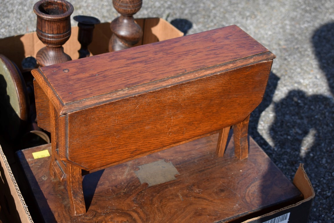 Two boxes of mixed wooden items; to include; a sewing box, candlesticks and a mirror.Collection of - Image 3 of 3