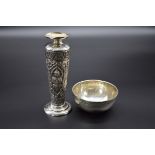 A Thai white metal vase, stamped 'sterling', 17cm; together with an Eastern white metal bowl,