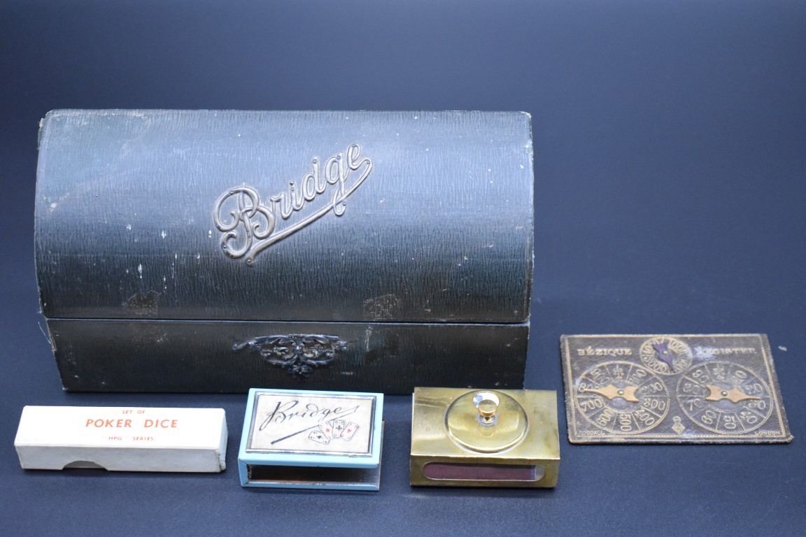 A collection of Bridge related items, and similar to include two matchbox cases.
