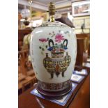 A Chinese famille rose ovoid table lamp, decorated with columns of script, height excluding brass