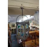 An old brass and stained leaded glass ceiling lantern, total height 60cm.