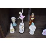 Five various Royal Worcester candlesnuffer figures; together with another Royal Worcester ballerina.