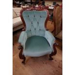 A good 19th century carved walnut and button upholstered occasional chair.  Provenance: from Alnwick