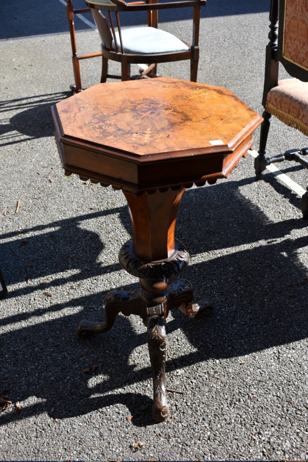 A circa 1880 carved oak chair; together with a desk type chair and an old trumpet work table. - Image 5 of 8