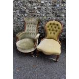 A Victorian button upholstered tub chair; together with a Victorian walnut nursing chair and a