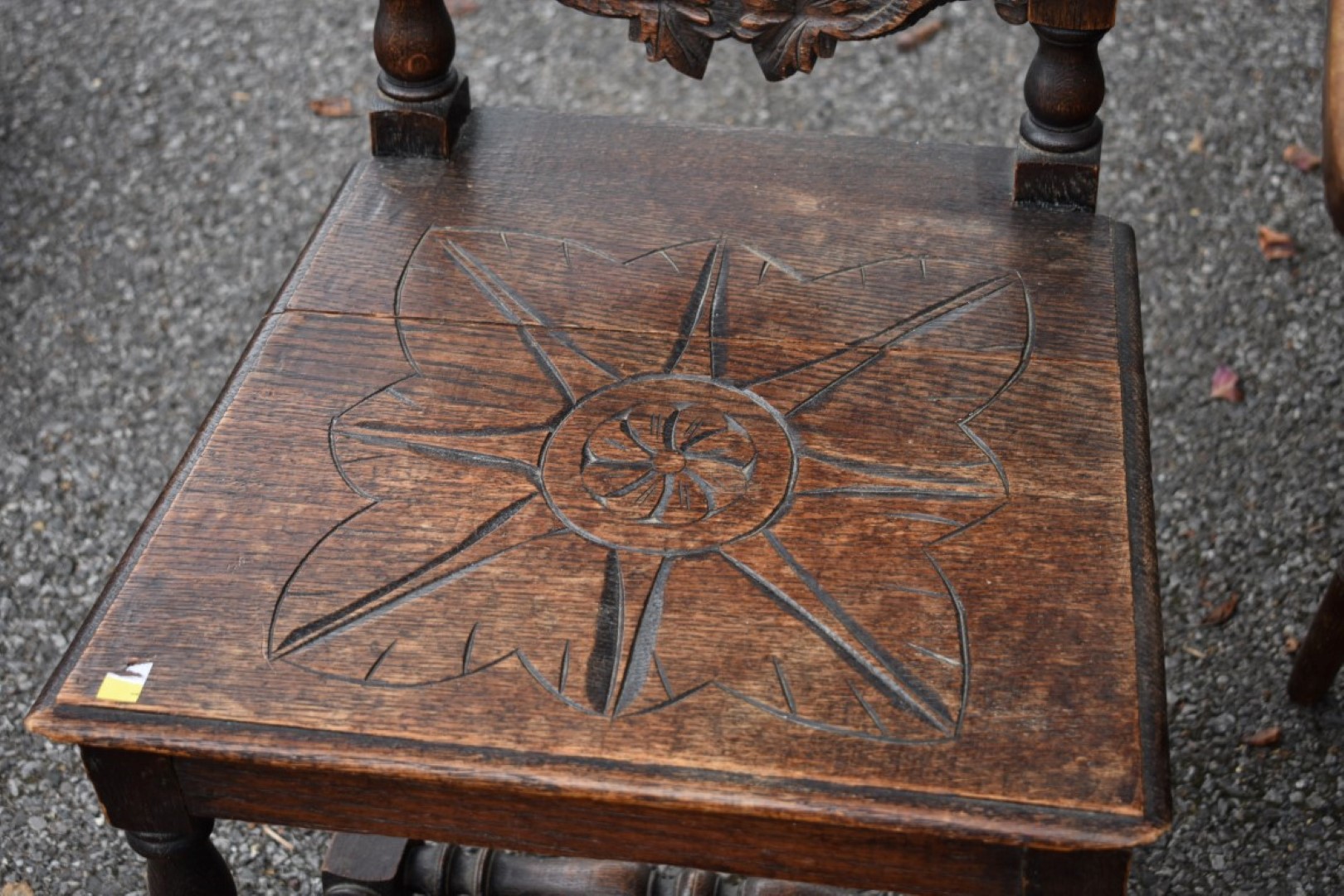 A circa 1880 carved oak chair; together with a desk type chair and an old trumpet work table. - Image 2 of 8