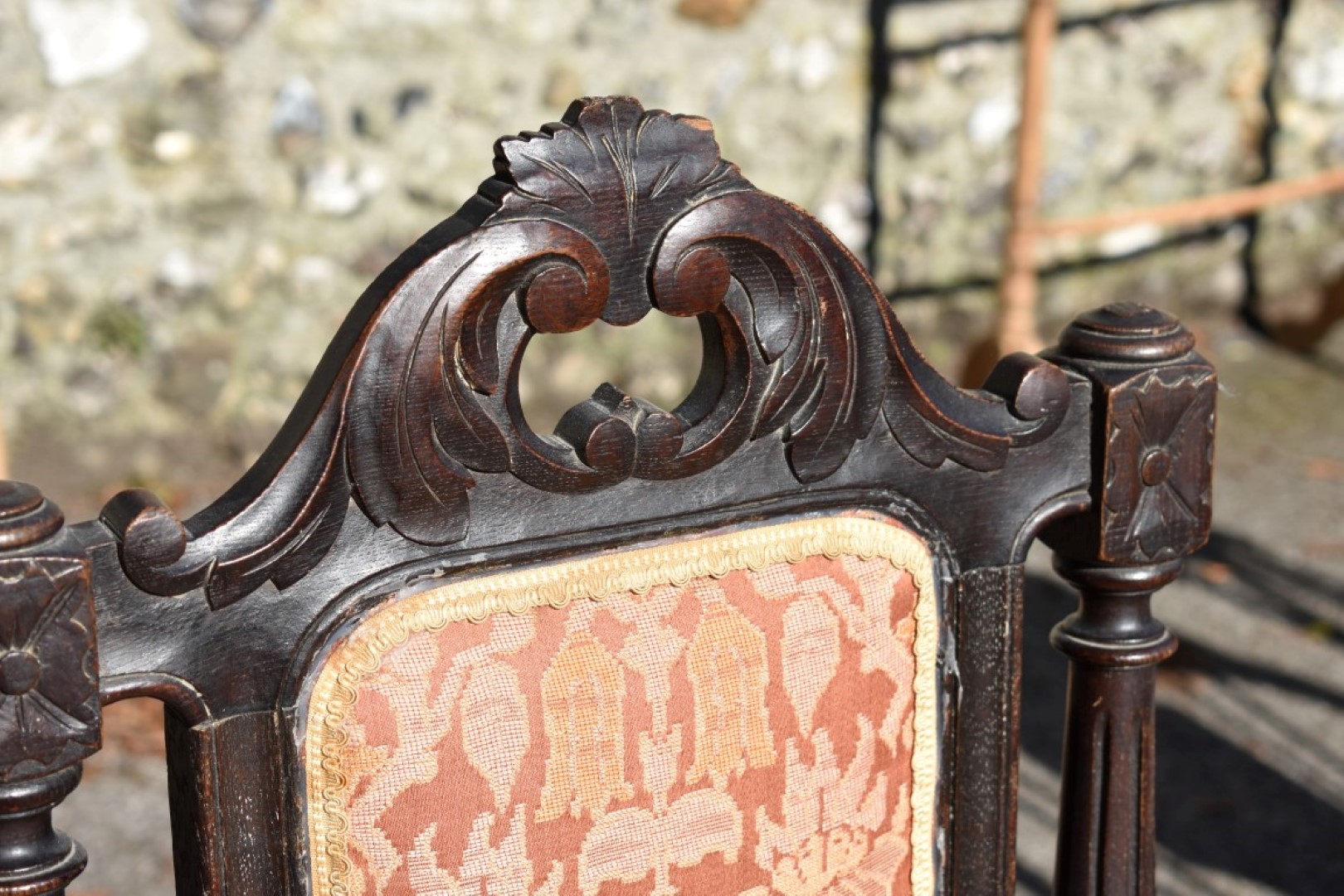 A pair of antique carved oak hall chairs, 110cm high. - Image 4 of 5