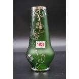 A Loetz style Secessionist silver overlaid green glass vase, 22cm high.