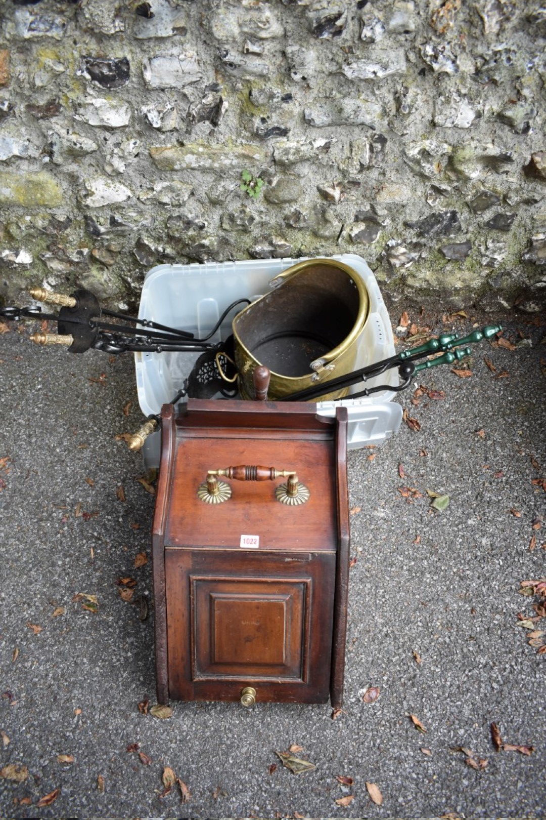 A mahogany coal scuttle; together with a set of fire irons and one other coal scuttle.