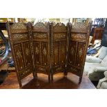 An antique Indian hardwood and bone inlaid small four fold screen, 77cm high x 103.5cm wide.