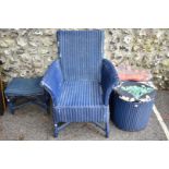 A blue Lloyd Loom chair; together with two similar laundry baskets and a stool.