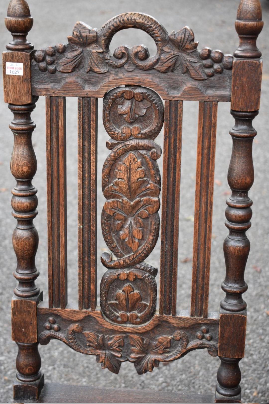A circa 1880 carved oak chair; together with a desk type chair and an old trumpet work table. - Image 3 of 8