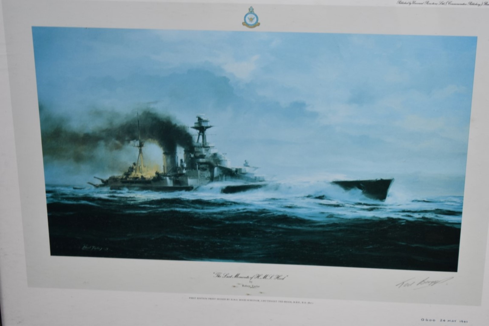 A print by Robert Taylor titled 'The Last Moments Of HMS Hood', pencil signed by Ted Briggs; - Image 2 of 4