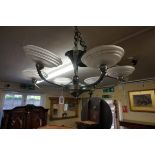 An Art Deco chrome six branch ceiling light, with frosted glass shades, 75cm diameter.