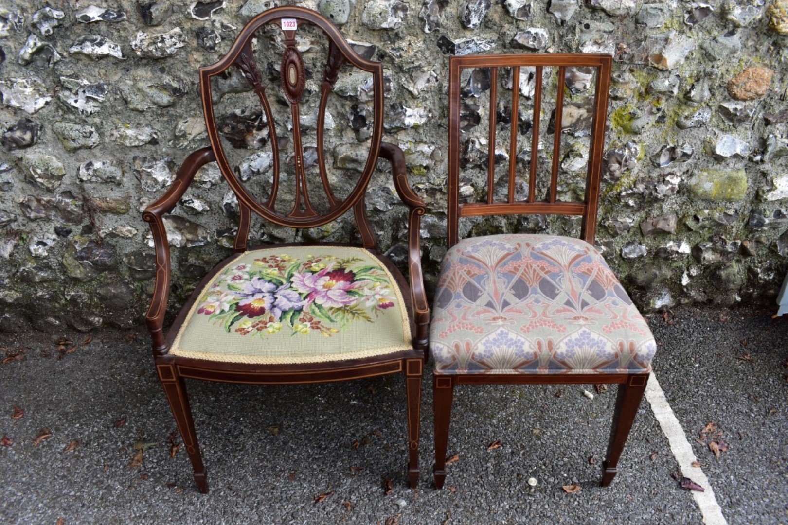 An Edwardian salon elbow chair; and another chair.