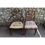 An Edwardian salon elbow chair; and another chair.