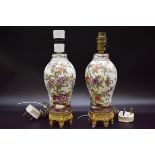 A pair of continental porcelain vase form table lamps, height excluding fitting 22cm.